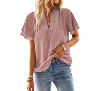 TUUHAW Camiseta Mujer Cuello en V Top Mujer Verano Elegantes Manga Corta Volantes Boho Blusa Encaje Túnica Suelto Basica Plisada Camisa Pullover Simples Informal Clásico Cómodo Ropa Rosa XL