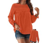 TUUHAW Camiseta Mujer Cuello Redondo Top Mujer Otoño Elegantes Manga Larga Volantes Boho Blusa Encaje Túnica Suelto Basica Plisada Camisa Pullover Simples Informal Clásico Ropa Naranja Brillante S
