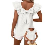 TUUHAW Camiseta Mujer Verano Manga Corta T-Shirt con Lazo Blusa Elegante para Verano Suelto Tops Casual Túnica con Cuello Redondo Blanco XS