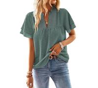 TUUHAW Camiseta Oversize Mujer Camisetas Manga Corta Mujer Cuello en V Camisa Volantes Suelto Básica Blusas Casual Elegante Túnica Encaje Tops Estilo Retro Bordado Oficina T-Shirt Verde Salvia XXXXL