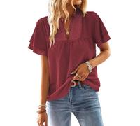TUUHAW Camiseta Oversize Mujer Camisetas Manga Corta Mujer Cuello en V Camisa Volantes Suelto Básica Blusas Casual Elegante Túnica Encaje Tops Estilo Retro Bordado Oficina T-Shirt Borgoña 4XL