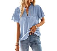 TUUHAW Camiseta Oversize Mujer Camisetas Manga Corta Mujer Cuello en V Camisa Volantes Suelto Básica Blusas Casual Elegante Túnica Encaje Tops Estilo Retro Bordado Oficina T-Shirt Azul 3XL
