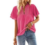 TUUHAW Camiseta Oversize Mujer Camisetas Manga Corta Mujer Cuello en V Camisa Volantes Suelto Básica Blusas Casual Elegante Túnica Encaje Tops Estilo Retro Bordado Oficina T-Shirt Fucsia XXXL