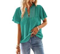 TUUHAW Camiseta Oversize Mujer Camisetas Manga Corta Mujer Cuello en V Camisa Volantes Suelto Básica Blusas Casual Elegante Túnica Encaje Tops Estilo Retro Bordado Oficina T-Shirt Turquesa XXXL