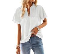 TUUHAW Camiseta Oversize Mujer Camisetas Manga Corta Mujer Cuello en V Camisa Volantes Suelto Básica Blusas Casual Elegante Túnica Encaje Tops Estilo Retro Bordado Oficina T-Shirt Blanco 3XL