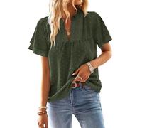 TUUHAW Camiseta Oversize Mujer Camisetas Manga Corta Mujer Cuello en V Camisa Volantes Suelto Básica Blusas Casual Elegante Túnica Encaje Tops Estilo Retro Bordado Oficina T-Shirt Verde_A 5XL