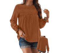 TUUHAW Camiseta Oversize Mujer Camisetas Manga Larga Mujer con Cuello Redondo Camisa Volantes Suelto Básica Blusas Casual Elegante Túnica Encaje Tops Estilo Retro Bordado Oficina T-Shirt Naranja 3XL