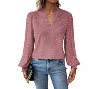 TUUHAW Camiseta Oversize Mujer Camisetas Manga Larga Mujer V-Cuello Camisa Volantes Suelto Básica Blusas Casual Elegante Túnica Encaje Tops Estilo Retro Bordado Invierno Oficina T-Shirt Rosa 3XL