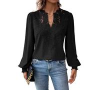 TUUHAW Camiseta Oversize Mujer Camisetas Manga Larga Mujer V-Cuello Camisa Volantes Suelto Básica Blusas Casual Elegante Túnica Encaje Tops Estilo Retro Bordado Invierno Oficina T-Shirt Negro XXL