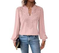 TUUHAW Camiseta Oversize Mujer Camisetas Manga Larga Mujer V-Cuello Camisa Volantes Suelto Básica Blusas Casual Elegante Túnica Encaje Tops Estilo Retro Bordado Invierno Oficina T-Shirt Rosa Claro 3XL