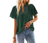 TUUHAW Camisetas Manga Corta Mujer Cuello en V Volantes Blusa Boho Verano Camiseta Suelto Casual Elegante Túnica Encaje Tops Plisada Color Sólido Holgadas Ligera Patrón De Moda Ropa Verde Oscuro M