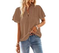 TUUHAW Camisetas Manga Corta Mujer Cuello en V Volantes Blusa Boho Verano Camiseta Suelto Casual Elegante Túnica Encaje Tops Plisada Color Sólido Holgadas Ligera Patrón De Moda Ropa Marrón Claro L