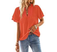 TUUHAW Camisetas Manga Corta Mujer Cuello en V Volantes Blusa Boho Verano Camiseta Suelto Casual Elegante Túnica Encaje Tops Plisada Color Sólido Holgadas Ligera Patrón Moda Ropa Naranja Brillante XS