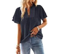 TUUHAW Camisetas Manga Corta Mujer Cuello en V Volantes Blusa Boho Verano Camiseta Suelto Casual Elegante Túnica Encaje Tops Plisada Color Sólido Holgadas Ligera Patrón De Moda Ropa Azul Marino XL