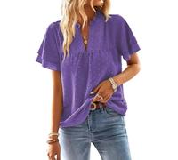 TUUHAW Camisetas Manga Corta Mujer Cuello en V Volantes Blusa Boho Verano Camiseta Suelto Casual Elegante Túnica Encaje Tops Plisada Color Sólido Holgadas Ligera Patrón De Moda Ropa Morado L