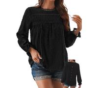 TUUHAW Camisetas Manga Larga Mujer con Cuello Redondo Volantes Blusa Boho Otoño Camiseta Suelto Casual Elegante Túnica Encaje Tops Plisada Color Sólido Holgadas Ligera Patrón De Moda Ropa Negro L