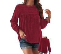 TUUHAW Camisetas Manga Larga Mujer con Cuello Redondo Volantes Blusa Boho Otoño Camiseta Suelto Casual Elegante Túnica Encaje Tops Plisada Color Sólido Holgadas Ligera Patrón De Moda Ropa Rojo XL