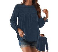 TUUHAW Camisetas Manga Larga Mujer con Cuello Redondo Volantes Blusa Boho Otoño Camiseta Suelto Casual Elegante Túnica Encaje Tops Plisada Color Sólido Holgadas Ligera Patrón De Moda Ropa Azul L