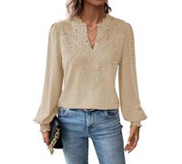 TUUHAW Camisetas Manga Larga Mujer V-Cuello Volantes Blusa Boho Otoño Camiseta Suelto Casual Elegante Túnica Encaje Tops Plisada Color Sólido Ligera Patrón Moda Holgadas Invierno Ropa Albaricoque XL