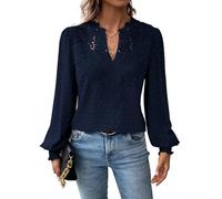 TUUHAW Camisetas Manga Larga Mujer V-Cuello Volantes Blusa Boho Otoño Camiseta Suelto Casual Elegante Túnica Encaje Tops Plisada Color Sólido Ligera Patrón de Moda Holgadas Invierno Ropa Azul Marino M