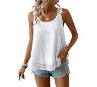 TUUHAW Camisetas Tirantes Mujer sin Mangas Cuello Redondo Volantes Blusa Boho Verano Camiseta Suelto Casual Floral Cami Elegante Chaleco Encaje Tank Tops Plisada Color Sólido Holgadas Patrón Blanco L