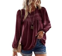 TUUHAW Ropa de Mujer Boho Manga Larga Camiseta Otoño con Cuello Redondo Encaje Informal Túnica Suelto Punto Suizo Casual Blusa Estilo Retro Bordado Invierno Color Sólido T-Shirts Borgoña M