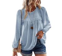 TUUHAW Ropa de Mujer Boho Manga Larga Camiseta Otoño con Cuello Redondo Encaje Informal Túnica Suelto Punto Suizo Casual Blusa Estilo Retro Bordado Invierno Color Sólido T-Shirts Azul M