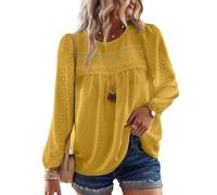 TUUHAW Ropa de Mujer Boho Manga Larga Camiseta Otoño con Cuello Redondo Encaje Informal Túnica Suelto Punto Suizo Casual Blusa Estilo Retro Bordado Invierno Color Sólido T-Shirts Amarillo M