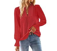 TUUHAW Ropa de Mujer Boho Manga Larga de Volantes Otoño Camiseta Elegante con Cuello en V Encaje Informal Punto Suizo Casual Túnica Suelto Blusa Invierno Camisa Rojo M