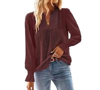 TUUHAW Ropa de Mujer Boho Manga Larga de Volantes Otoño Camiseta Elegante con Cuello en V Encaje Informal Punto Suizo Casual Túnica Suelto Blusa Invierno Camisa Granate M