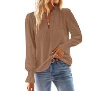 TUUHAW Ropa de Mujer Boho Manga Larga de Volantes Otoño Camiseta Elegante con Cuello en V Encaje Informal Punto Suizo Casual Túnica Suelto Blusa Invierno Camisa Mocha M