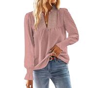 TUUHAW Ropa de Mujer Boho Manga Larga de Volantes Otoño Camiseta Elegante con Cuello en V Encaje Informal Punto Suizo Casual Túnica Suelto Blusa Invierno Camisa Rosa M
