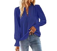 TUUHAW Ropa de Mujer Boho Manga Larga de Volantes Otoño Camiseta Elegante con Cuello en V Encaje Informal Punto Suizo Casual Túnica Suelto Blusa Invierno Camisa Azul Zafiro M