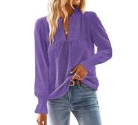 TUUHAW Ropa de Mujer Boho Manga Larga de Volantes Otoño Camiseta Elegante con Cuello en V Encaje Informal Punto Suizo Casual Túnica Suelto Blusa Invierno Camisa Morado M
