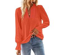 TUUHAW Ropa de Mujer Boho Manga Larga de Volantes Otoño Camiseta Oversize Elegante con Cuello en V Encaje Color Sólido Punto Suizo Túnica Blusa Camisa con Mangas de Volantes Naranja Brillante 5XL