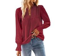 TUUHAW Ropa de Mujer Boho Manga Larga de Volantes Otoño Camiseta Oversize Elegante con Cuello en V Encaje Color Sólido Informal Punto Suizo Túnica Blusa Camisa con Mangas de Volantes Vino Rojo 5XL