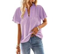 TUUHAW Ropa Mujer Camiseta Manga Corta Mujer con Cuello en V Verano Boho Blusa Elegante Tops Volantes Encaje Casual T-Shirt Básica Bohemia Suelta Color Sólido Oficina Cómodo Túnica Morado Claro XL