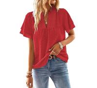 TUUHAW Ropa Mujer Camiseta Manga Corta Mujer con Cuello en V Verano Boho Blusa Elegante Tops Volantes Encaje Casual T-Shirt Básica Bohemia Suelta Color Sólido Oficina Cómodo Moda Túnica Rojo L