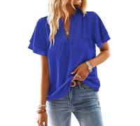 TUUHAW Ropa Mujer Camiseta Manga Corta Mujer con Cuello en V Verano Boho Blusa Elegante Tops Volantes Encaje Casual T-Shirt Básica Bohemia Suelta Color Sólido Oficina Cómodo Moda Túnica Azul Real XL