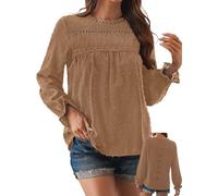 TUUHAW Ropa Mujer Camiseta Manga Larga Mujercon Cuello Redondo Otoño Boho Blusa Elegante Tops Volantes Encaje Casual T-Shirt Básica Bohemia Suelta Color Sólido Oficina Cómodo Moda Túnica Marrón S