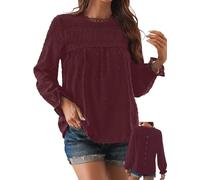 TUUHAW Ropa Mujer Camiseta Manga Larga Mujercon Cuello Redondo Otoño Boho Blusa Elegante Tops Volantes Encaje Casual T-Shirt Básica Bohemia Suelta Color Sólido Oficina Cómodo Moda Túnica Borgoña M