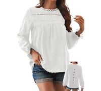 TUUHAW Ropa Mujer Camiseta Manga Larga Mujercon Cuello Redondo Otoño Boho Blusa Elegante Tops Volantes Encaje Casual T-Shirt Básica Bohemia Suelta Color Sólido Oficina Cómodo Moda Túnica Blanco L