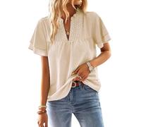 TUUHAW Ropa Mujer Talla Grande Camisetas Manga Corta Mujer Cuello en V Camisa Volantes Suelto Basic Blusas Casual Elegante Túnica Encaje Tops Color Sólido Estilo Retro Bordado T-Shirt Albaricoque XXL