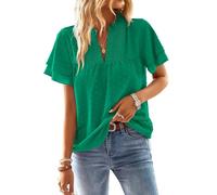 TUUHAW Ropa Mujer Talla Grande Camisetas Manga Corta Mujer Cuello en V Camisa Volantes Suelto Basic Blusas Casual Elegante Túnica Encaje Tops Color Sólido Estilo Retro Bordado T-Shirt Verde Vivo XXL