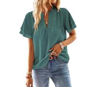 TUUHAW Ropa Mujer Talla Grande Camisetas Manga Corta Mujer Cuello en V Camisa Volantes Suelto Basic Blusas Casual Elegante Túnica Encaje Tops Color Sólido Estilo Retro Bordado T-Shirt Cian XXL