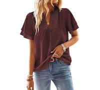TUUHAW Ropa Mujer Talla Grande Camisetas Manga Corta Mujer Cuello en V Camisa Volantes Suelto Basic Blusas Casual Elegante Túnica Encaje Tops Color Sólido Estilo Retro Bordado T-Shirt Granate XXL