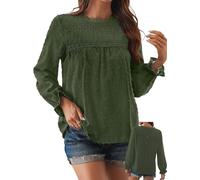 TUUHAW Ropa Mujer Talla Grande Camisetas Manga Larga Mujer con Cuello Redondo Camisa Volantes Suelto Basic Blusas Casual Elegante Túnica Encaje Tops Color Sólido Estilo Retro Bordado T-Shirt Verde 3XL