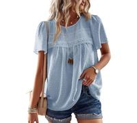 TUUHAW Top Mujer Verano Elegante Manga Corta Boho Blusa Encaje Túnica con Cuello Redondo Camisa Suelto Ropa Azul L