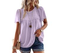 TUUHAW Top Mujer Verano Elegante Manga Corta Boho Blusa Encaje Túnica con Cuello Redondo Camisa Suelto Ropa Morado L