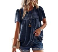 TUUHAW Top Mujer Verano Elegante Manga Corta Boho Blusa Encaje Túnica con Cuello Redondo Camisa Suelto Ropa Azul Marino L